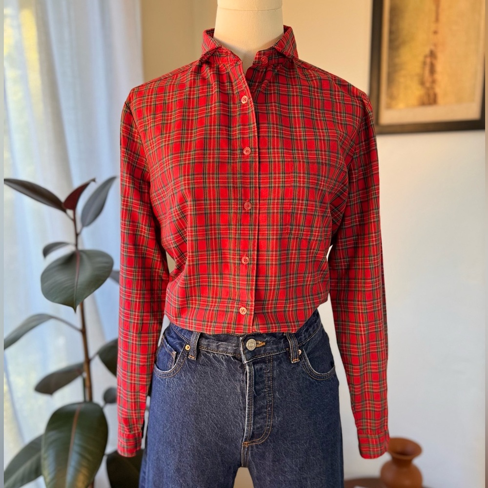 Vintage Red Tartan Plaid Button-Up Shirt  – Size 11 (Junior?see note)